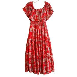 Red Paisley Floral Print Off-Shoulder Boho Chic Bohemian Tiered Maxi Dress Sz 6